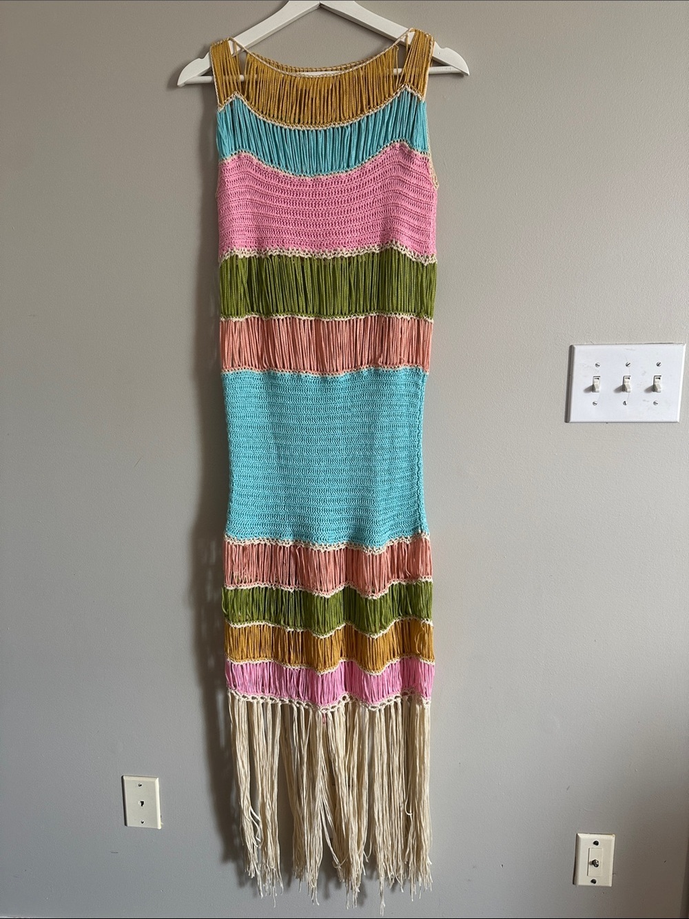 Colorful Fringed Striped Knit Vacation Midi Dress